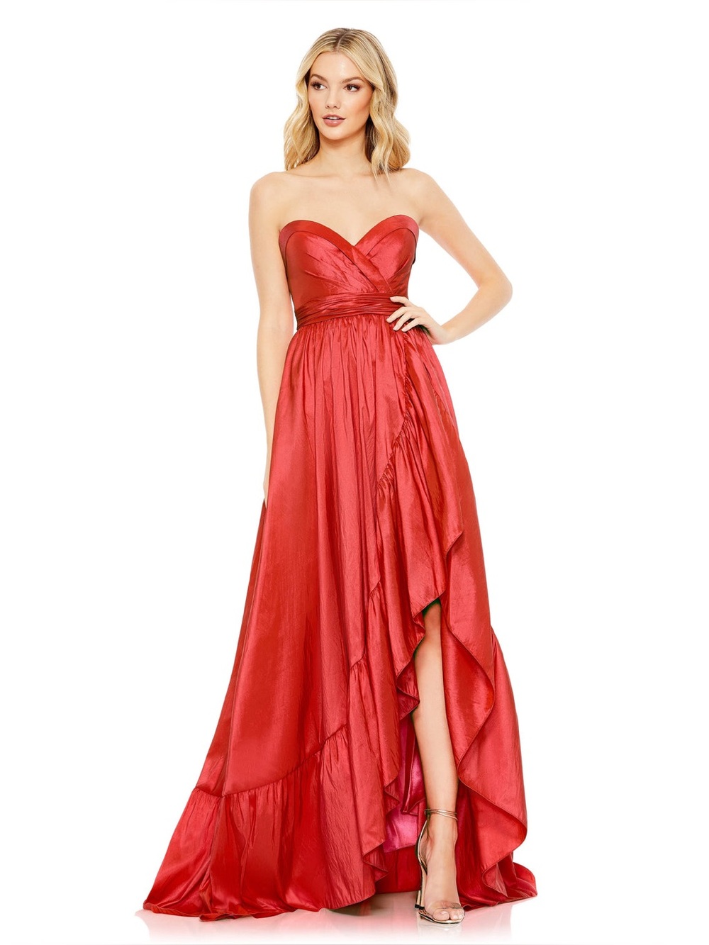 Mac Duggal 68040 Cherry Red Strapless Taffeta High-Low Gown Sz 2